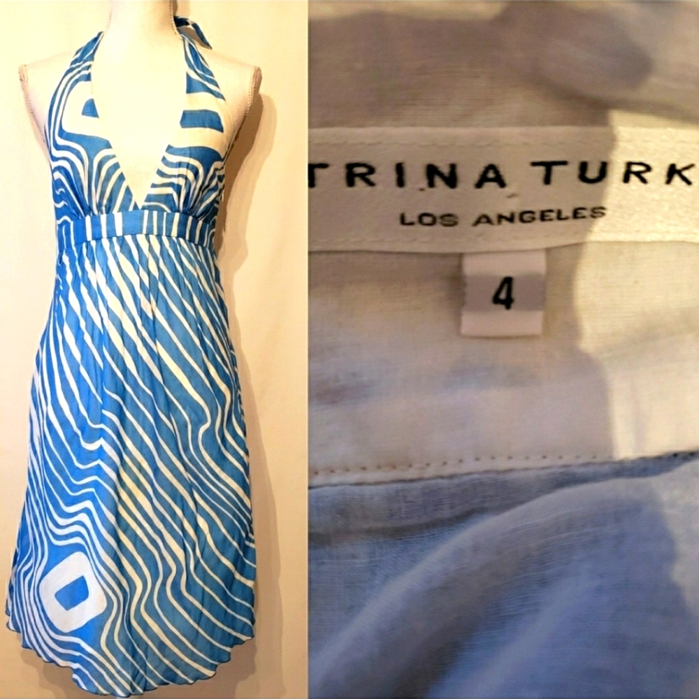 Trina Turk blue and white halter dress